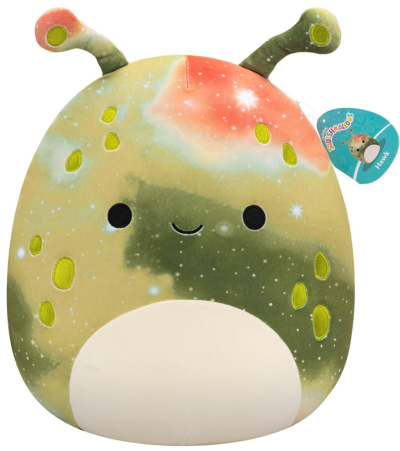 Green and orange galaxy-print Squishmallow plush with antennae and bright yellow spots