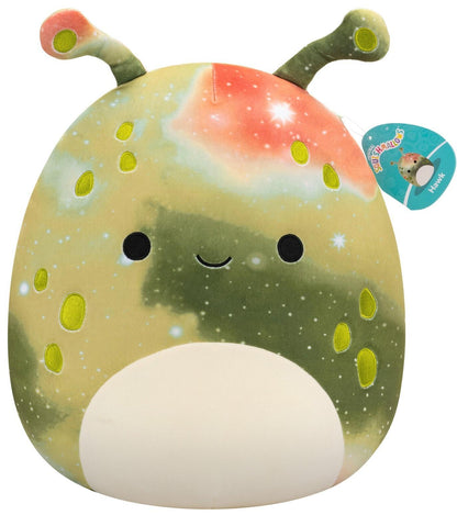 Green and orange galaxy-print Squishmallow plush with antennae and bright yellow spots