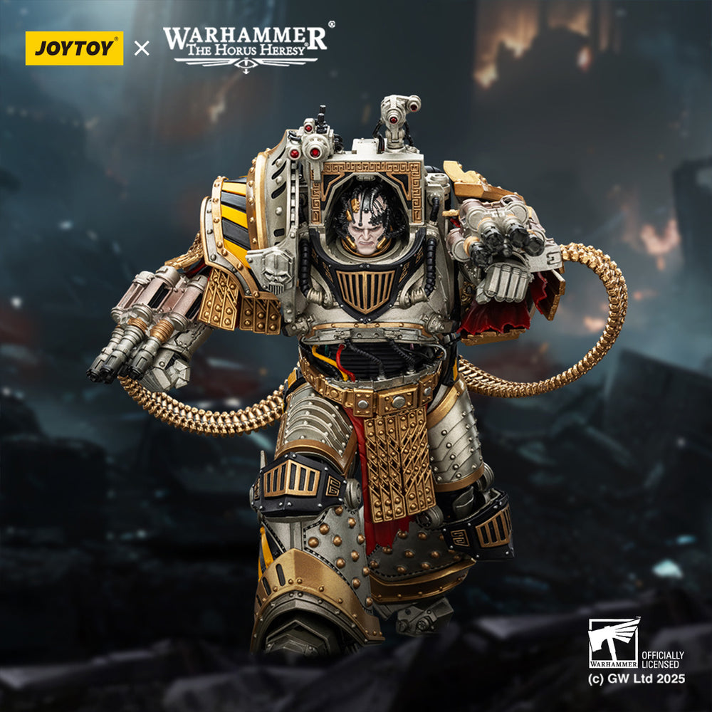 Detailed JoyToy Warhammer Horus Heresy action figure: a Space Marine in ornate gold, grey power armor, with heavy arm weapons