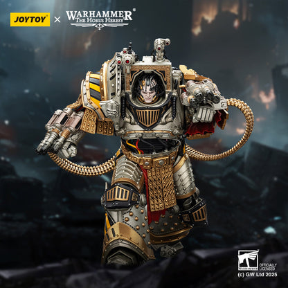 Detailed JoyToy Warhammer Horus Heresy action figure: a Space Marine in ornate gold, grey power armor, with heavy arm weapons