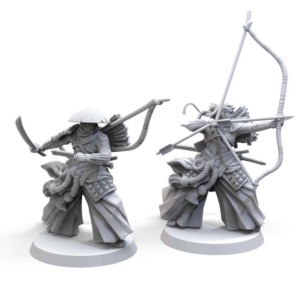 Two grey Japanese warrior miniatures: one with a sword and bow, the other drawing a bow