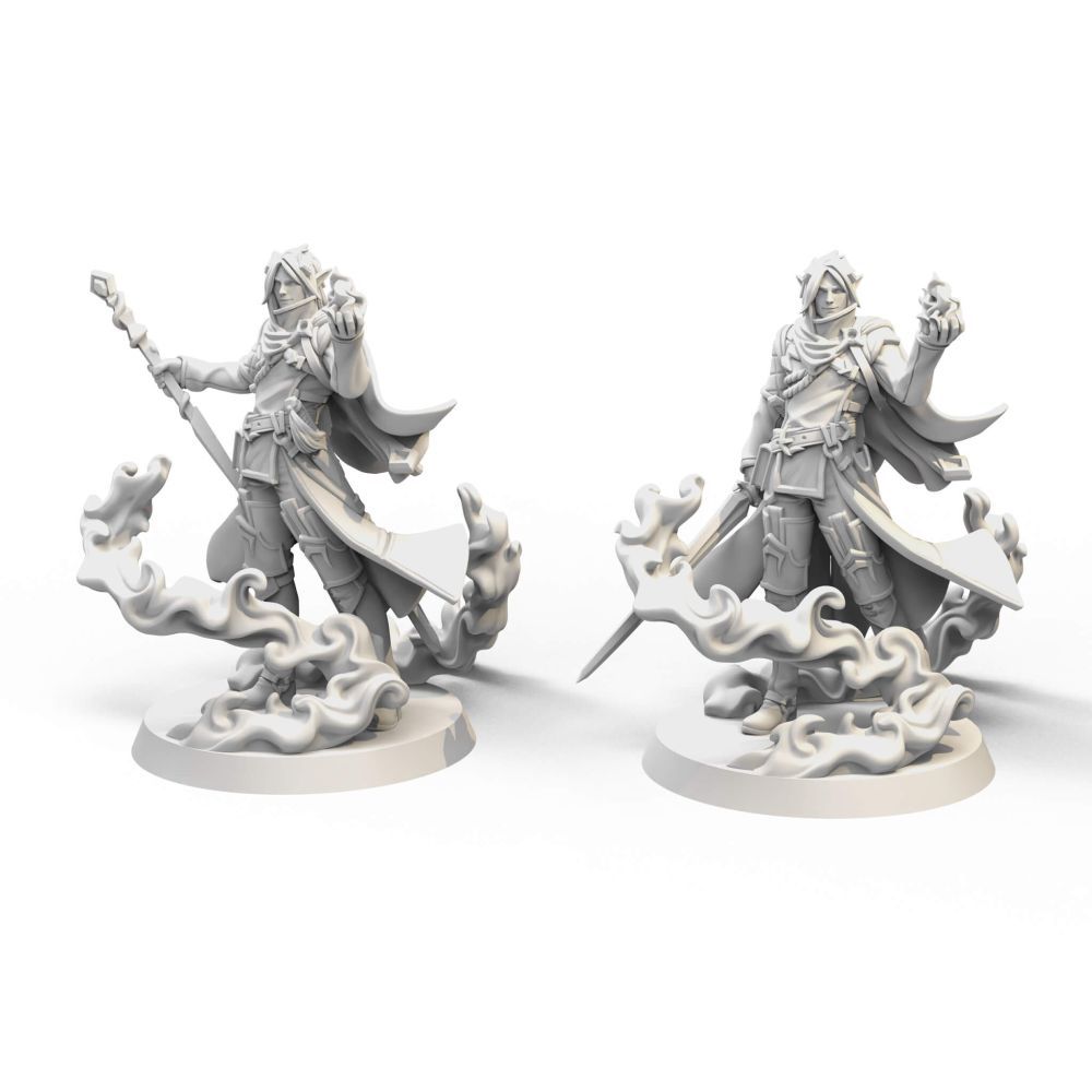 Two unpainted fantasy miniatures of a male elf-like spellcaster, amidst magical smoke. One casts with a staff, the other holds an orb