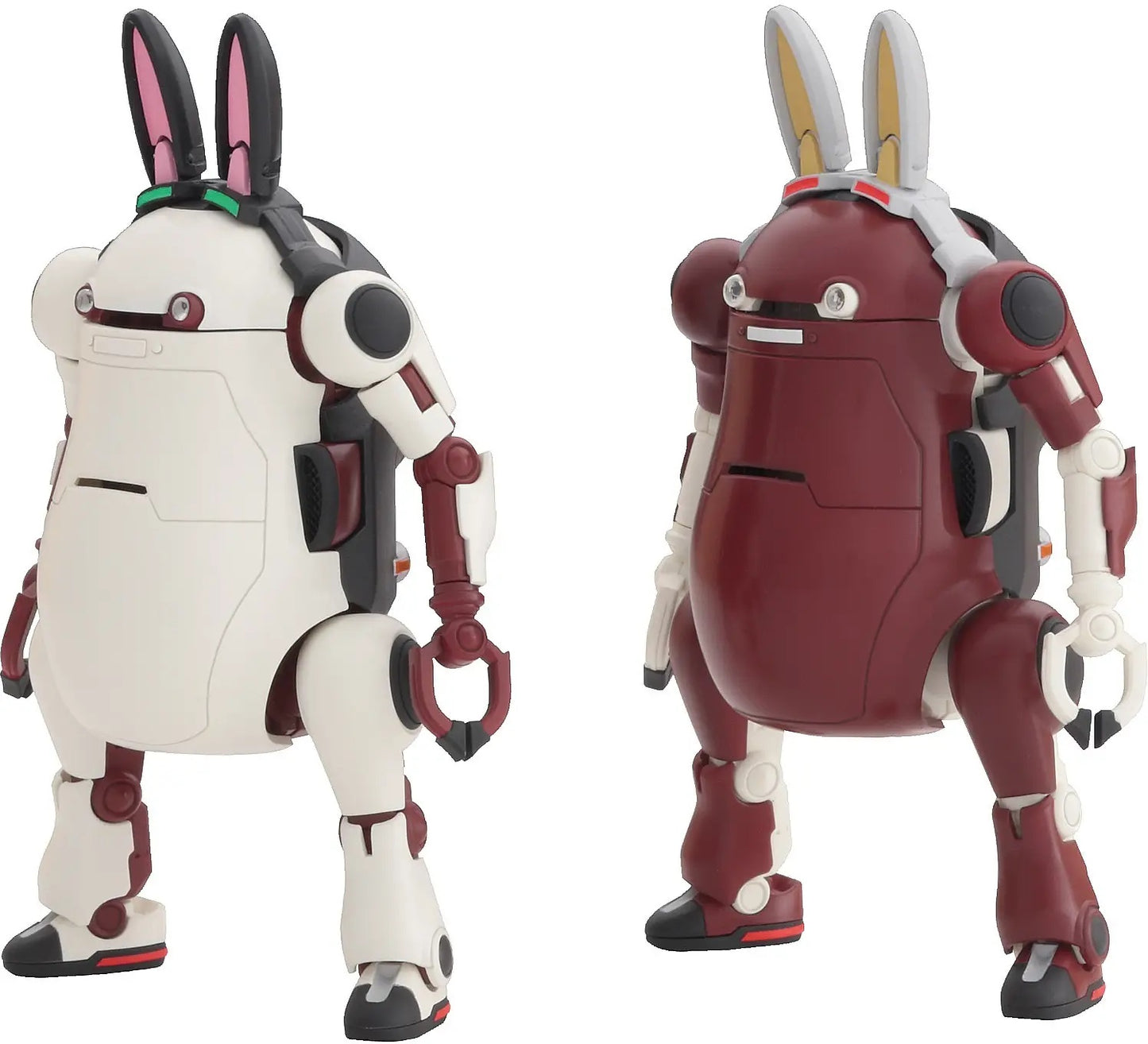 Two stout, rabbit-eared mecha action figures, one white and one maroon, standing upright