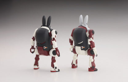 Two maroon and white robot figures with rabbit ears, viewed from the rear