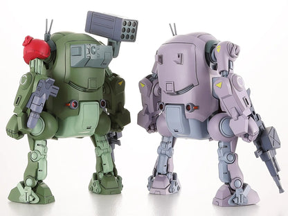 Green mecha figure with missile pod next to a lavender mecha figure with a rifle