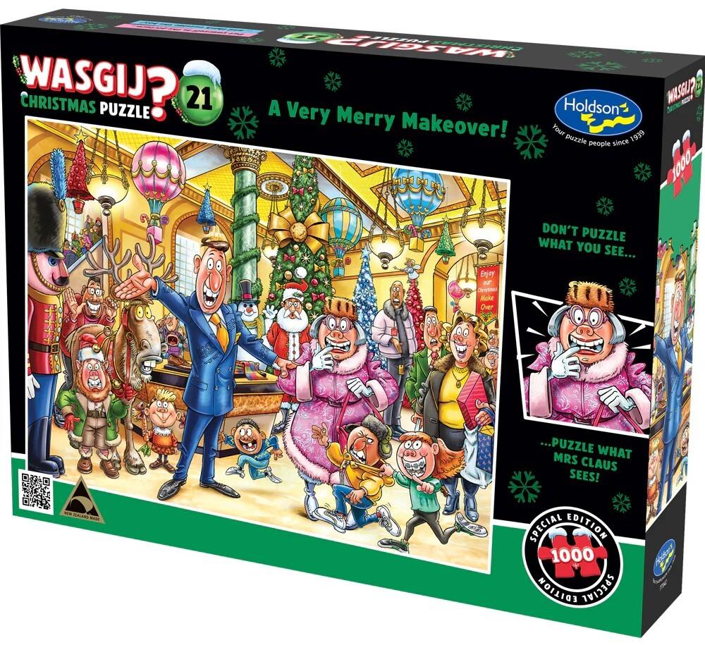 Box for Wasgij Christmas Puzzle 21: A Very Merry Makeover, Cartoon of a man presenting a chaotic holiday scene