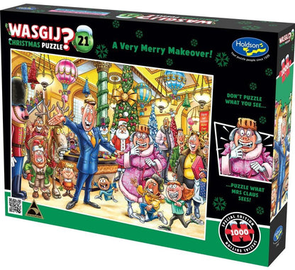 Box for Wasgij Christmas Puzzle 21: A Very Merry Makeover, Cartoon of a man presenting a chaotic holiday scene