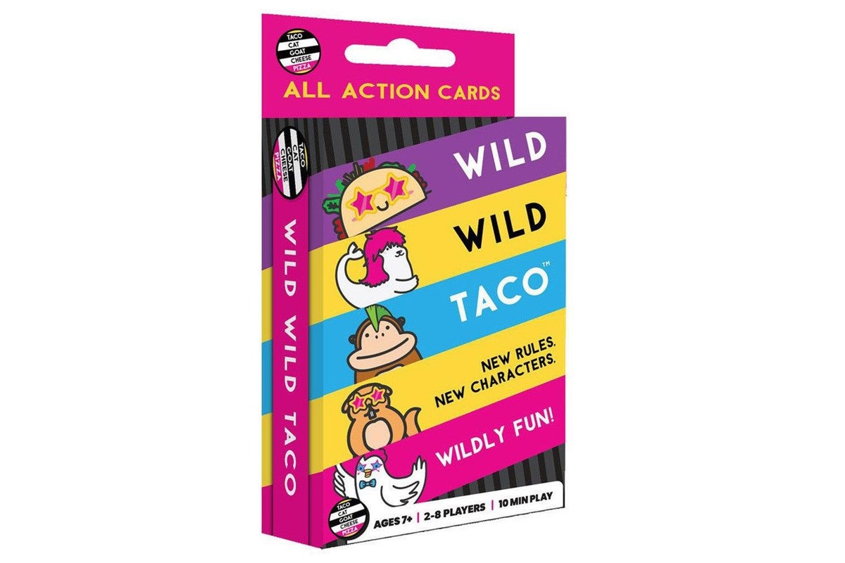 Box for the "Wild Wild Taco" card game expansion, labeled "All Action Cards," with cartoon food and animals