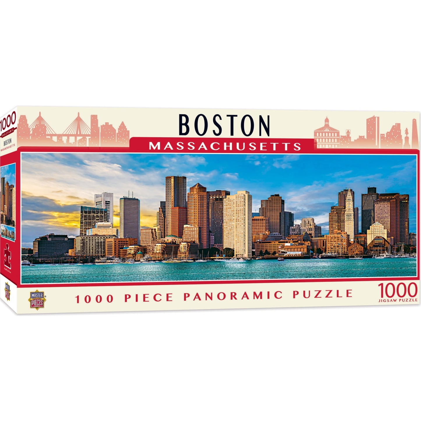 Masterpieces Boston panoramic puzzle box showing city skyline at sunset