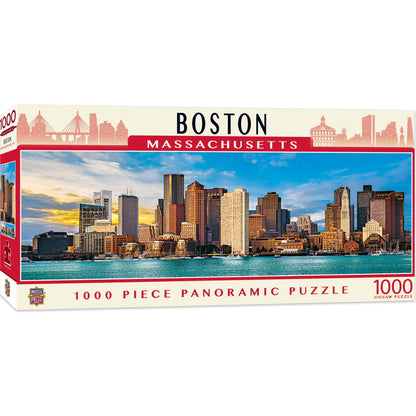 Masterpieces Boston panoramic puzzle box showing city skyline at sunset