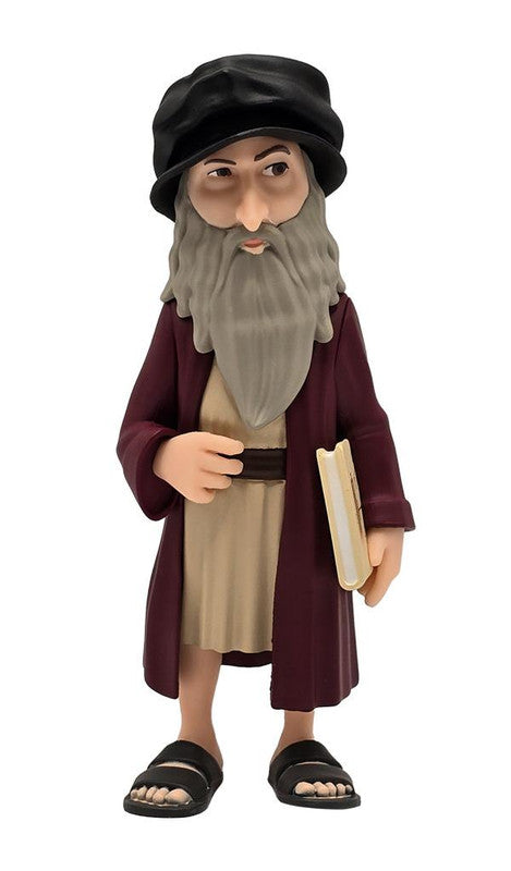 Minix Historical Leonardo da Vinci 67 collectible figure with grey beard black hat long maroon robe and tan tunic holding a book wearing sandals