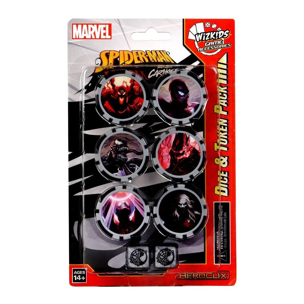 Blister pack displays 6 tokens with Spider-Man and Carnage art, plus 2 dice