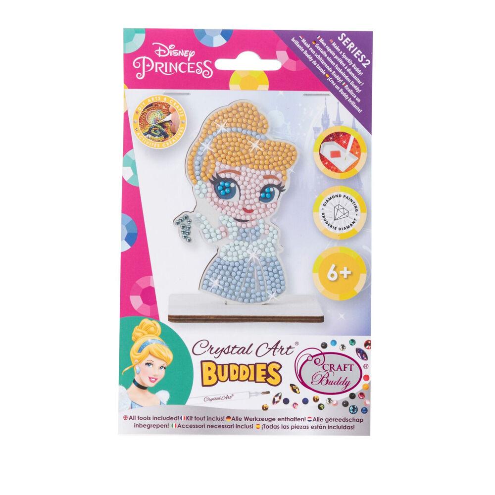 Disney Princess Crystal Art Buddies craft kit package displaying a finished diamond-dot Cinderella figure