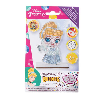 Disney Princess Crystal Art Buddies craft kit package displaying a finished diamond-dot Cinderella figure