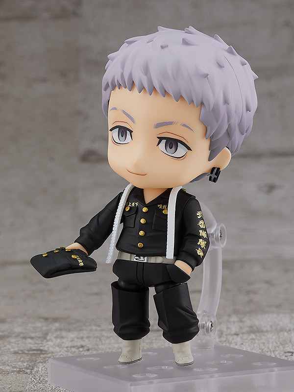 Tokyo Revengers Haitani Ran Nendoroid figure in black uniform with white suspenders holding a black hat
