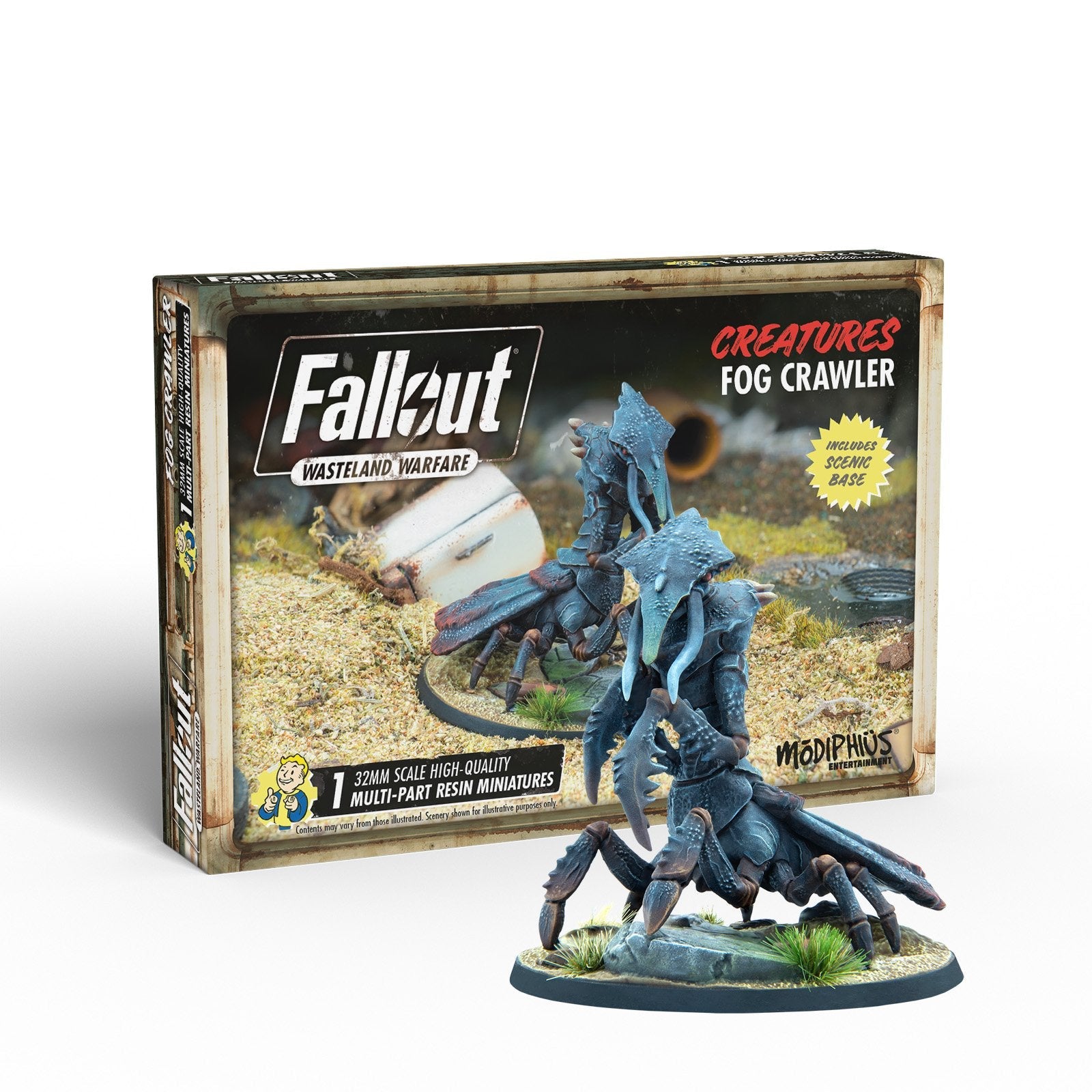 A dark, armored multi-legged Fallout Fog Crawler miniature stands on a base beside its "Wasteland Warfare" game box