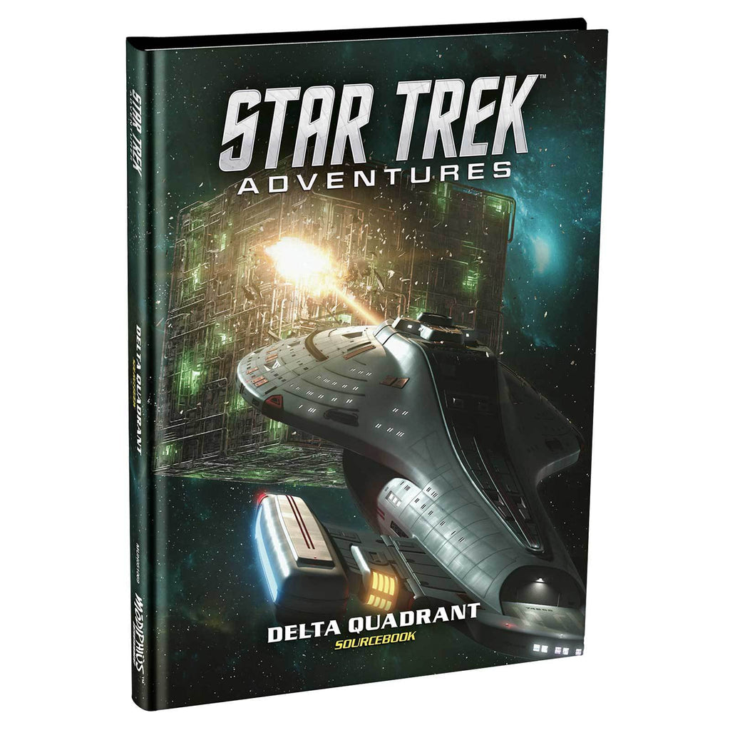 Star Trek Adventures: Delta Quadrant Sourcebook cover shows Voyager firing at a Borg cube