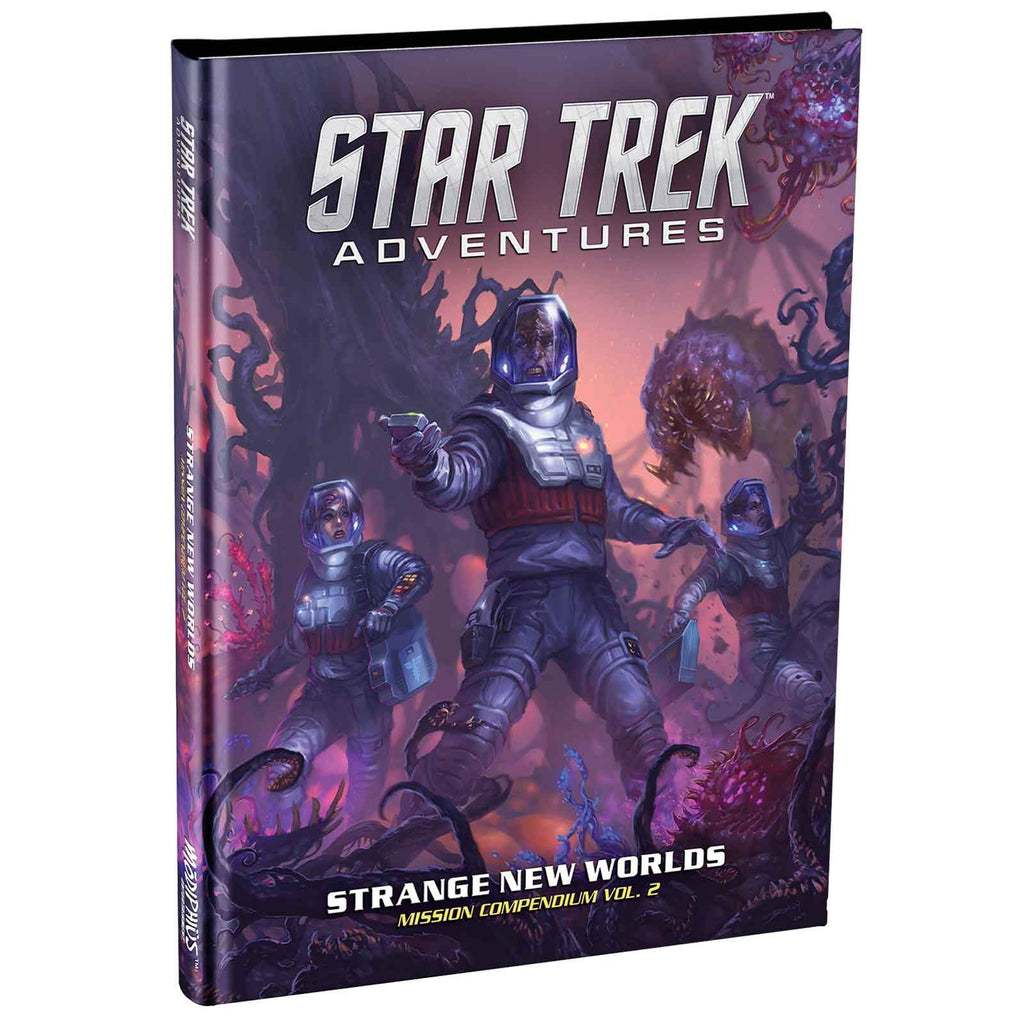 Star Trek Adventures Strange New Worlds Mission Compendium bookcover: Three space-suited crew members battle grotesque aliens on a dark, alien world