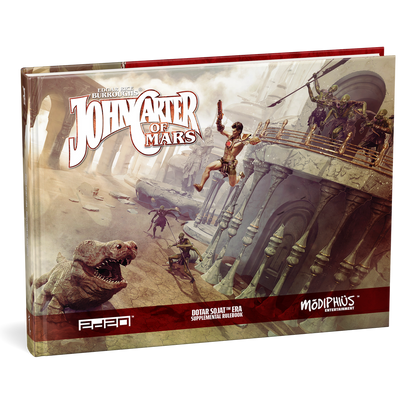 John Carter of Mars RPG Dotar Sojat Era rulebook cover: John Carter leaps to fight green aliens and a large monster in Martian ruins