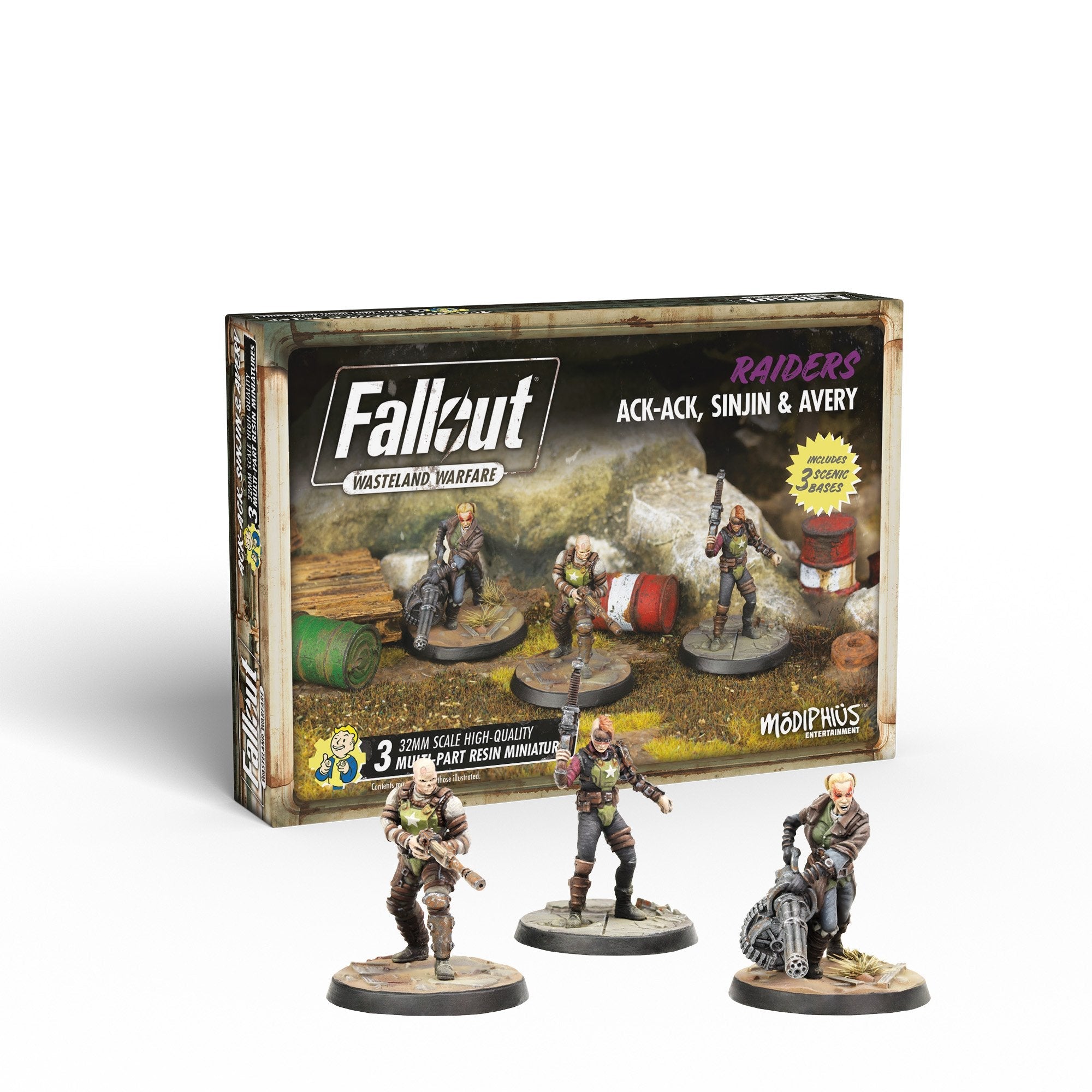 Fallout Wasteland Warfare Raiders miniatures box with three armed, painted figures including one with a minigun