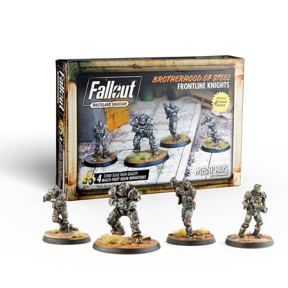 Fallout Wasteland Warfare: Brotherhood of Steel Frontline Knights box and four armored figures displayed