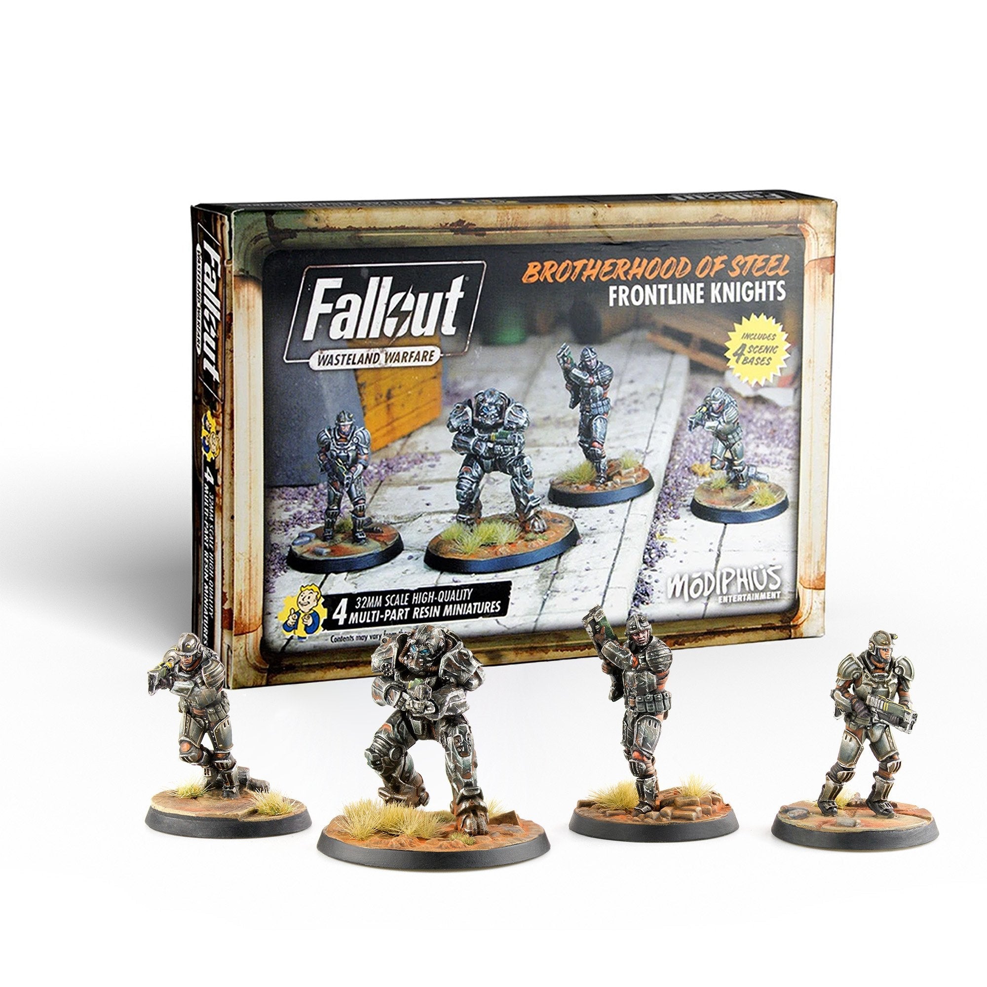 Fallout Wasteland Warfare: Brotherhood of Steel Frontline Knights box and four armored figures displayed