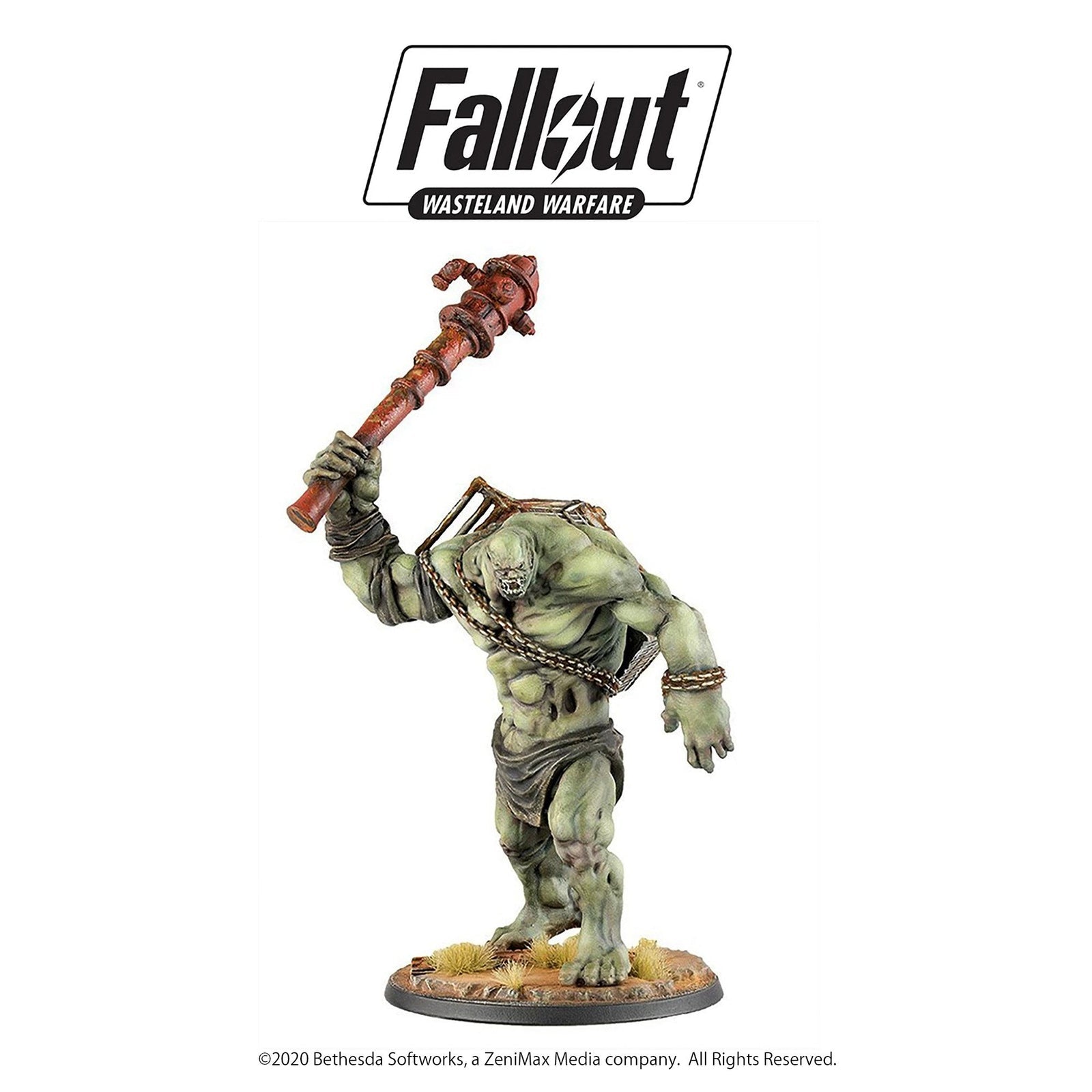 A green, muscular Fallout Super Mutant miniature raises a rusty fire hydrant bludgeon.