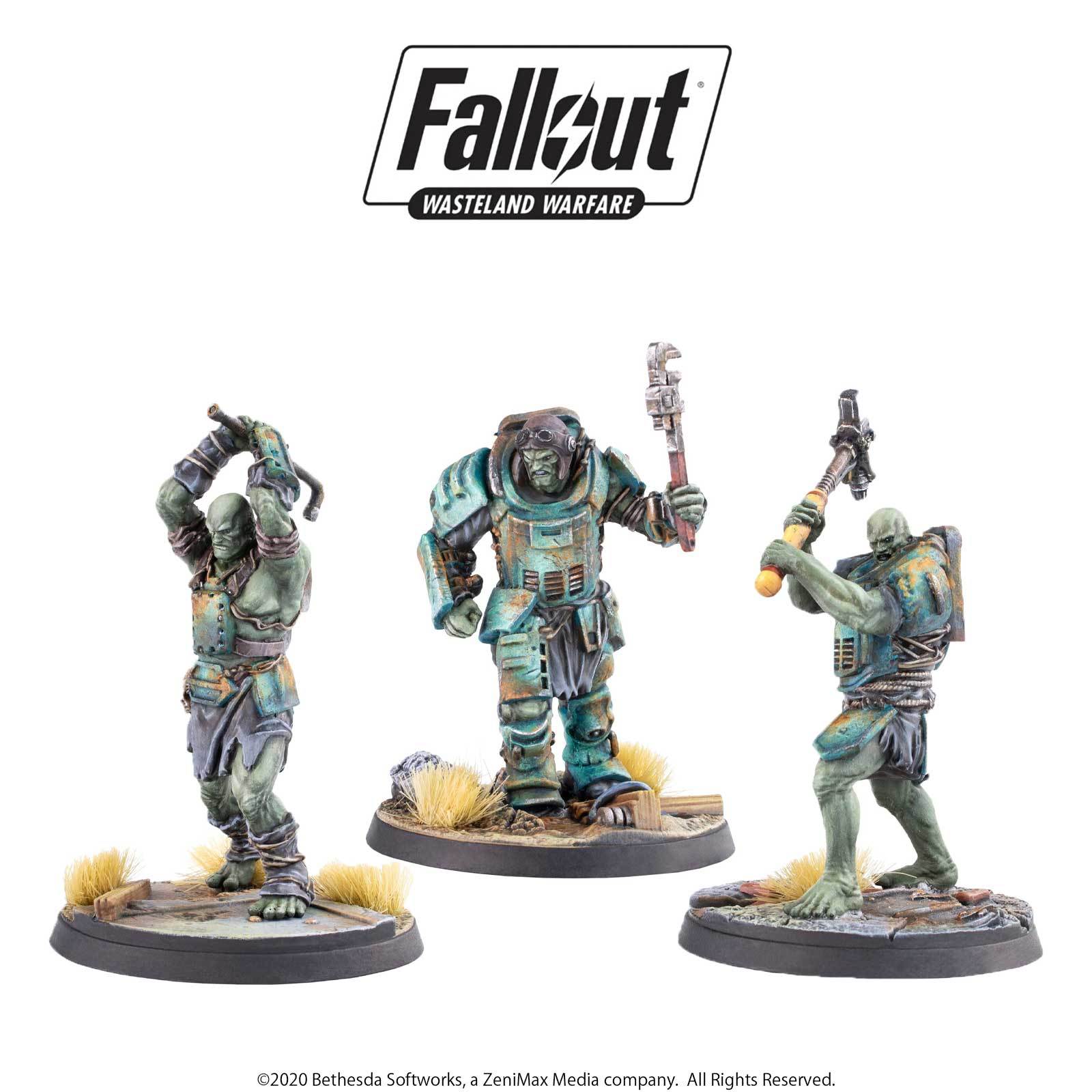Fallout: Wasteland Warfare miniatures: Three green Super Mutants; two with raised weapons (pipe, hammer), one with a pipe wrench