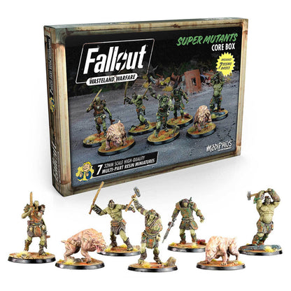 Fallout: Wasteland Warfare Super Mutants Core Box, seven detailed resin miniatures: five Super Mutants and two mutant dogs
