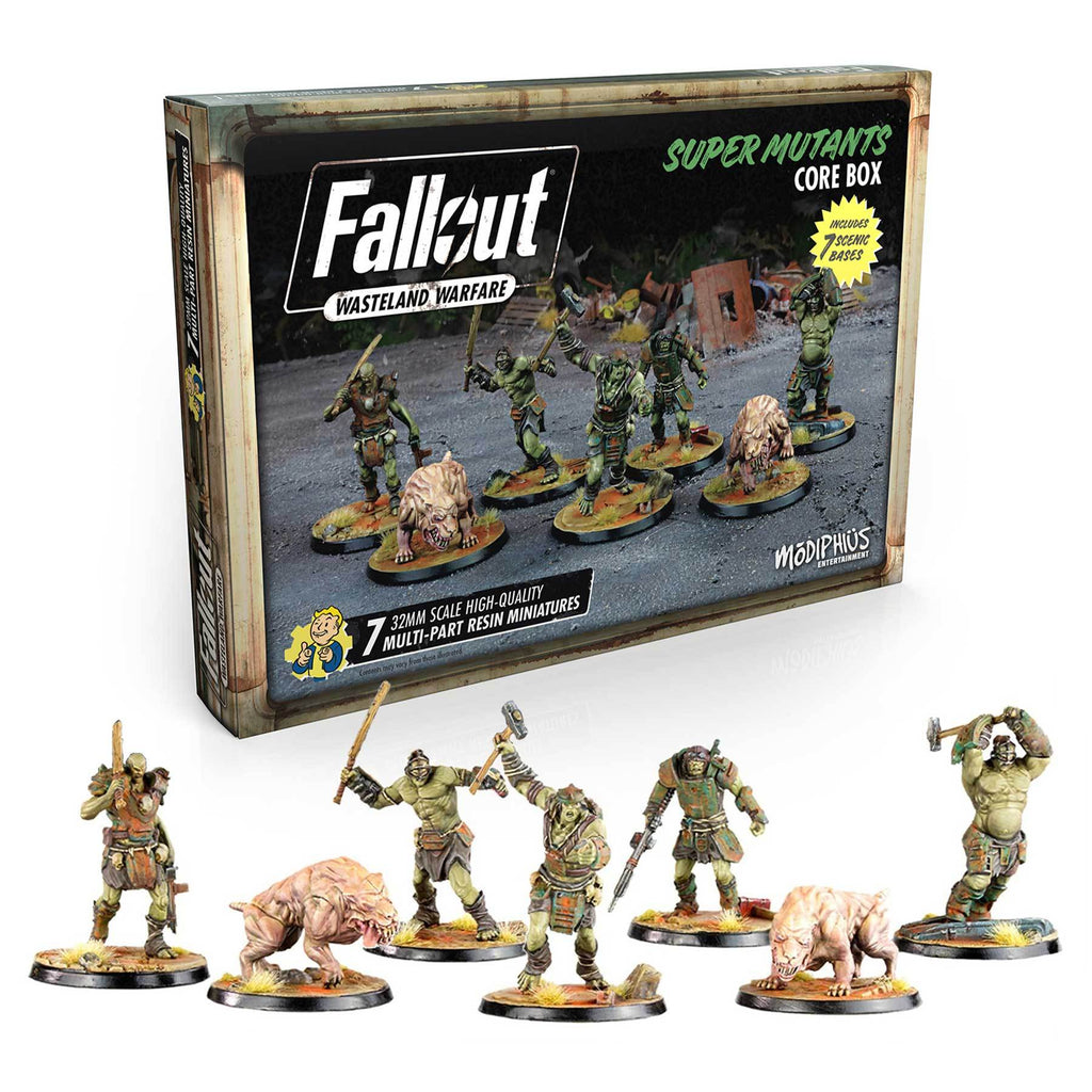Fallout: Wasteland Warfare Super Mutants Core Box, seven detailed resin miniatures: five Super Mutants and two mutant dogs
