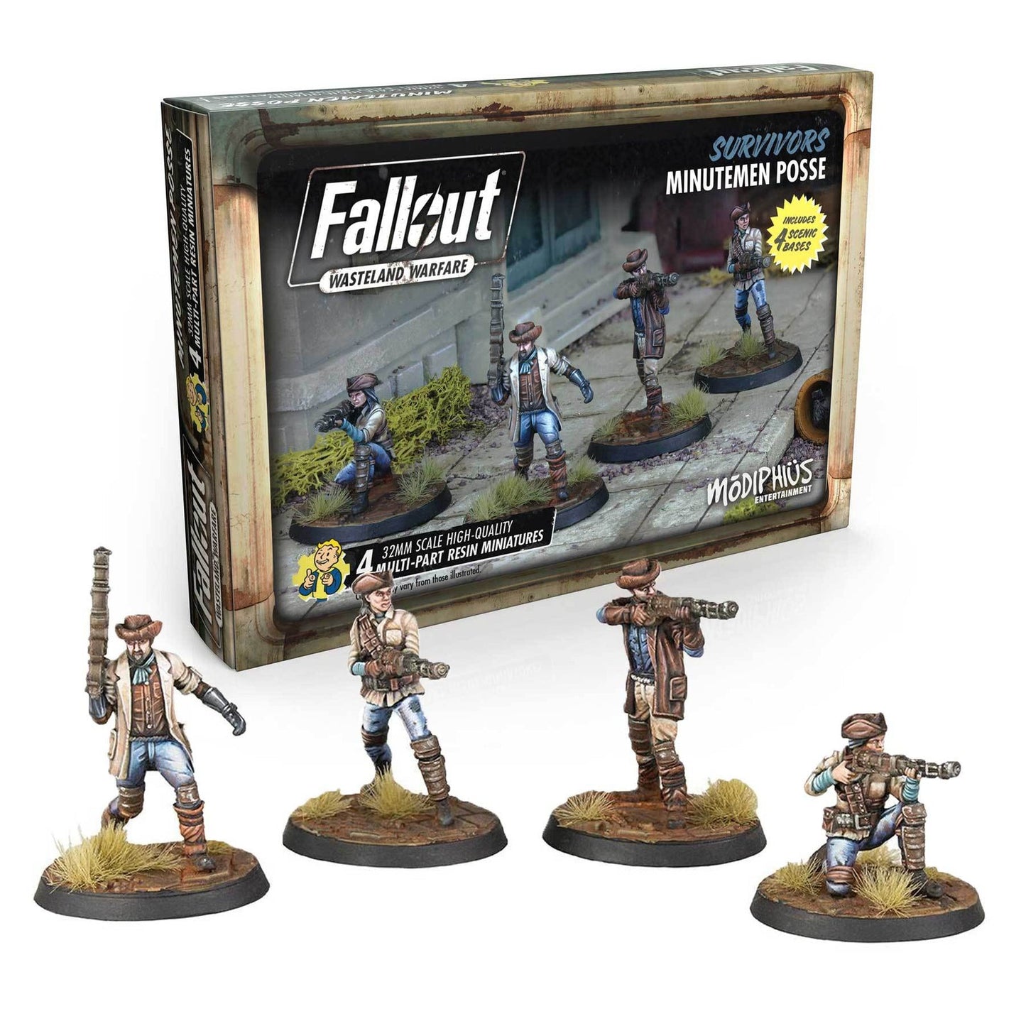 Fallout: Wasteland Warfare 'Minutemen Posse' box with four painted, armed Minutemen miniatures on scenic bases.