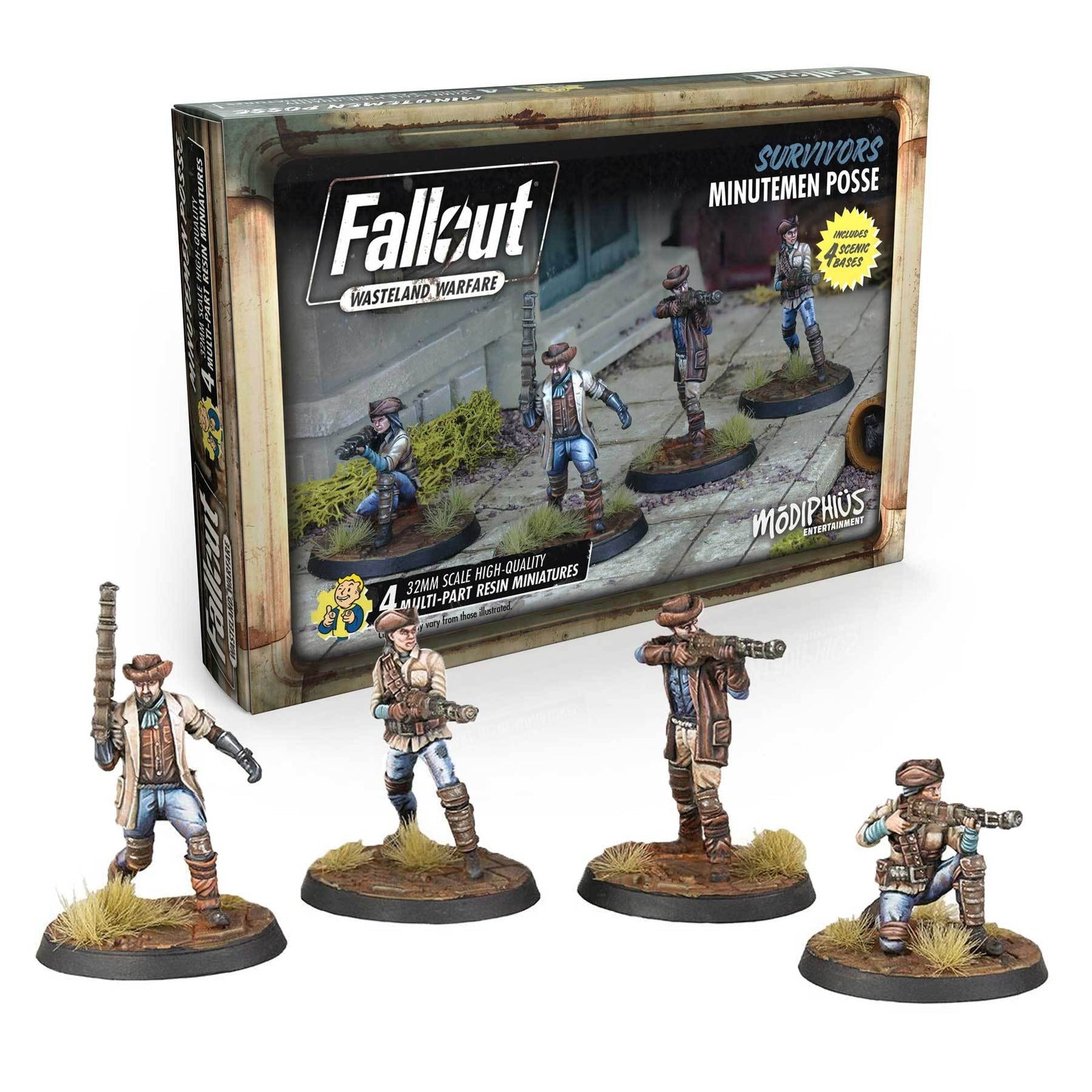 Fallout: Wasteland Warfare 'Minutemen Posse' box with four painted, armed Minutemen miniatures on scenic bases.
