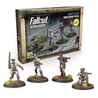 Fallout: Wasteland Warfare 'Minutemen Posse' box with four painted, armed Minutemen miniatures on scenic bases.