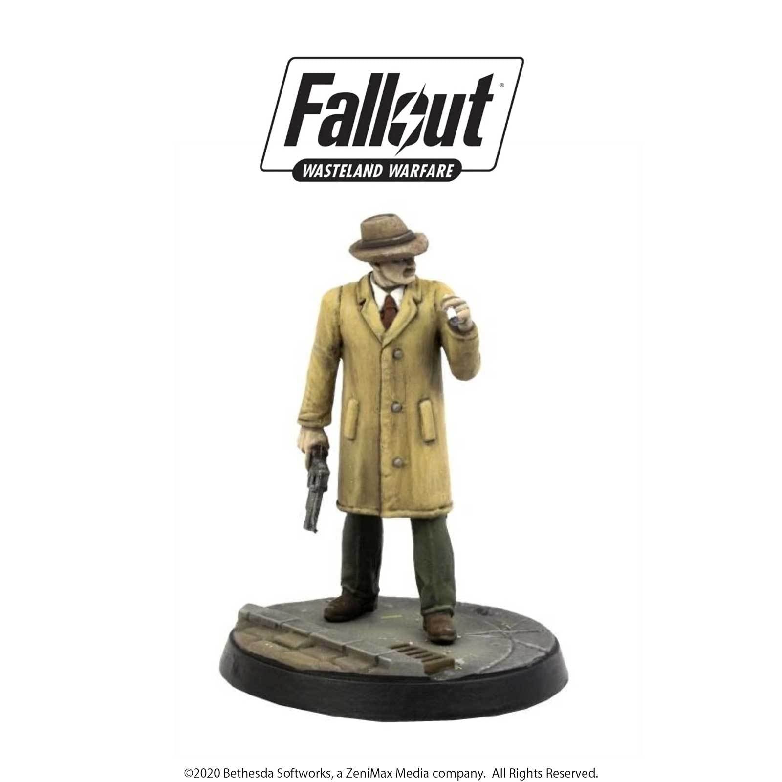 Fallout miniature: A man in a trench coat and fedora holds a revolver and a small white object