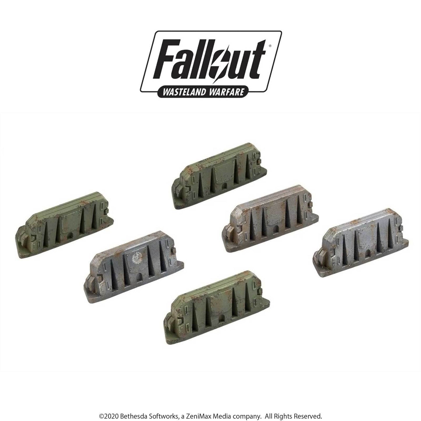 Six weathered green and grey miniature barriers for Fallout: Wasteland Warfare terrain