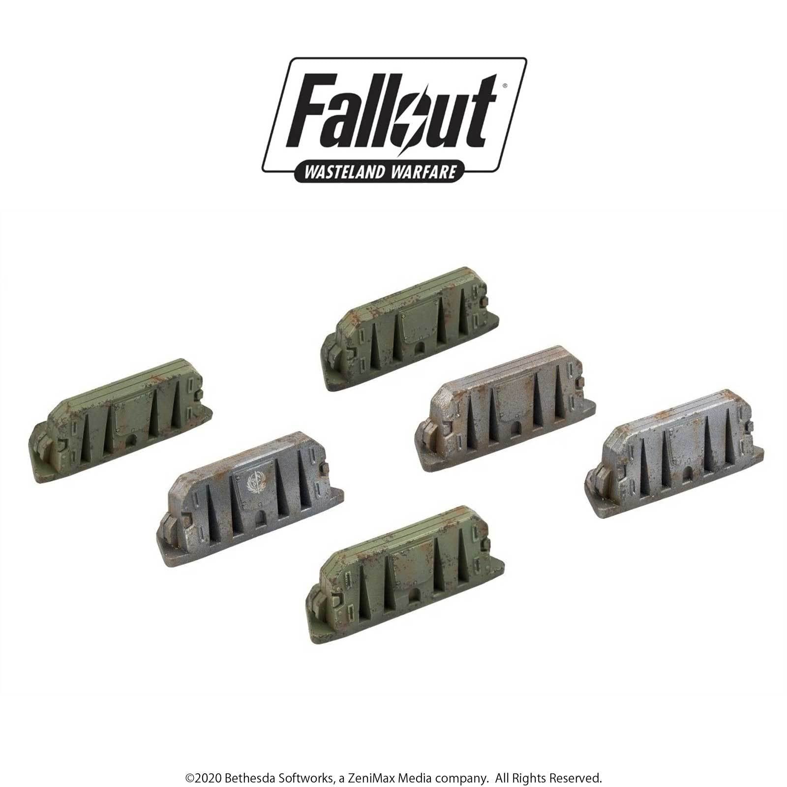 Six weathered green and grey miniature barriers for Fallout: Wasteland Warfare terrain