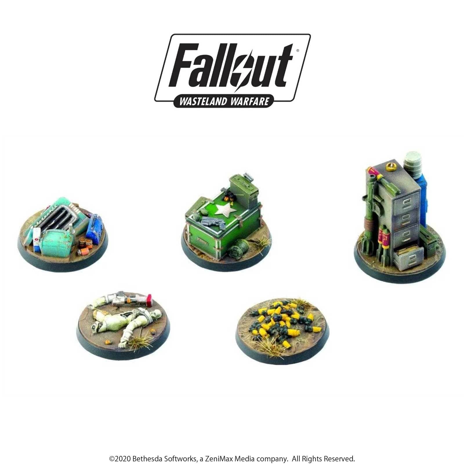Fallout Wasteland Warfare miniatures: wreckage, supply crate, power station, fallen figure, and ammo pile
