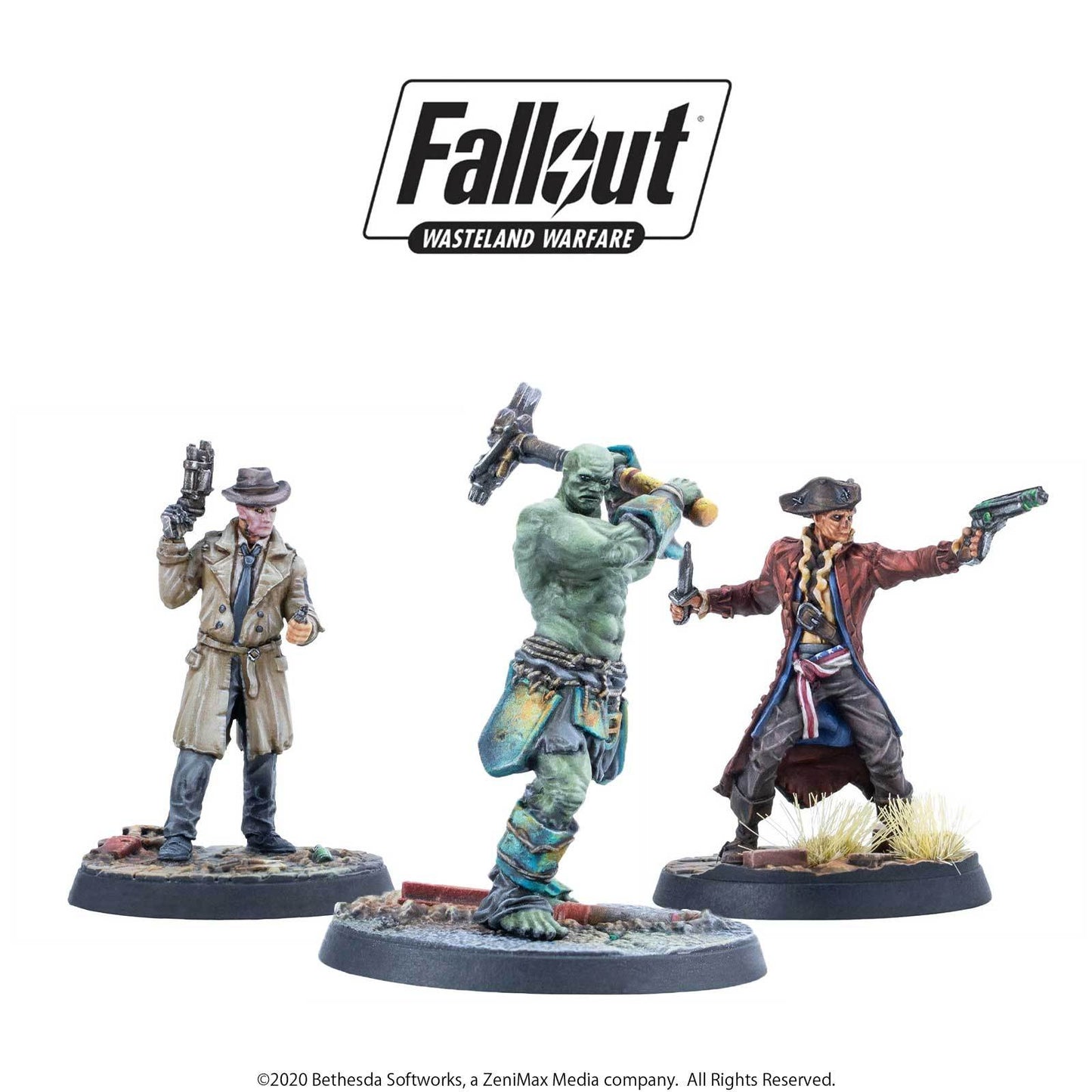 A ghoul in trench coat with pistol, a Super Mutant with hammer, and a pirate ghoul with pistol and knife