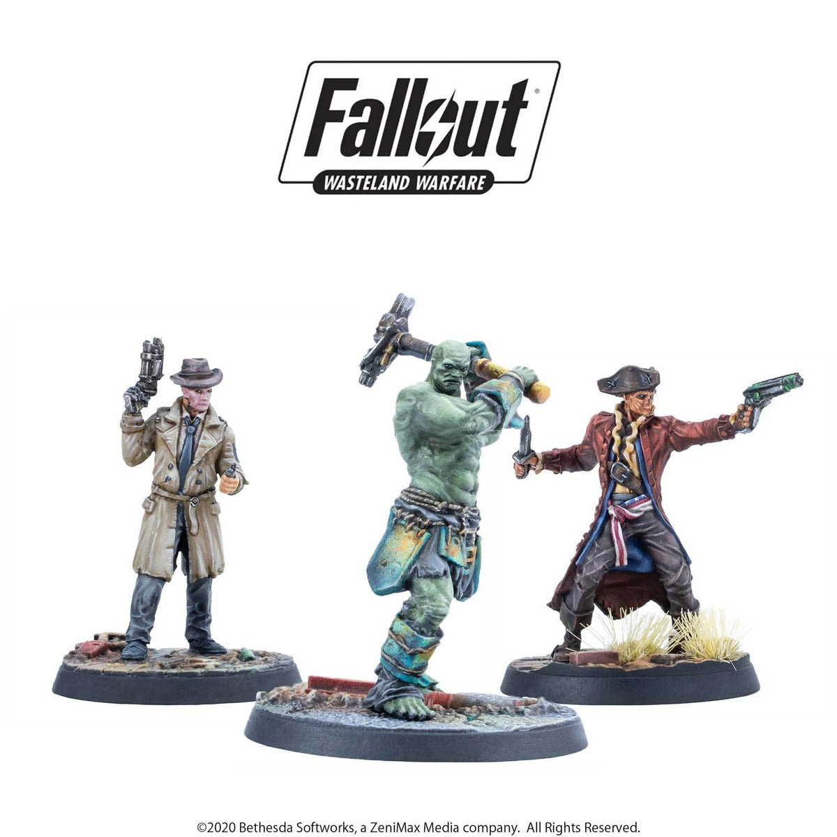 A ghoul in trench coat with pistol, a Super Mutant with hammer, and a pirate ghoul with pistol and knife