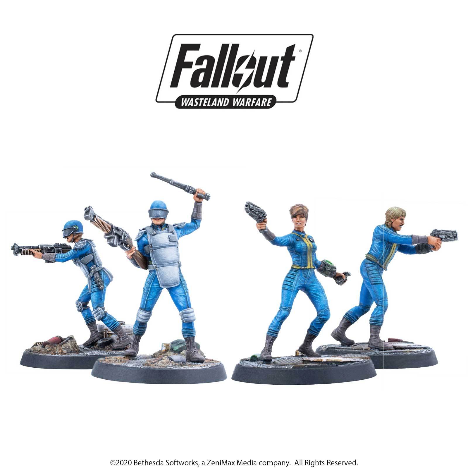 Four Fallout: Wasteland Warfare miniatures. Two armored with rifle and bat, two unarmored with pistols