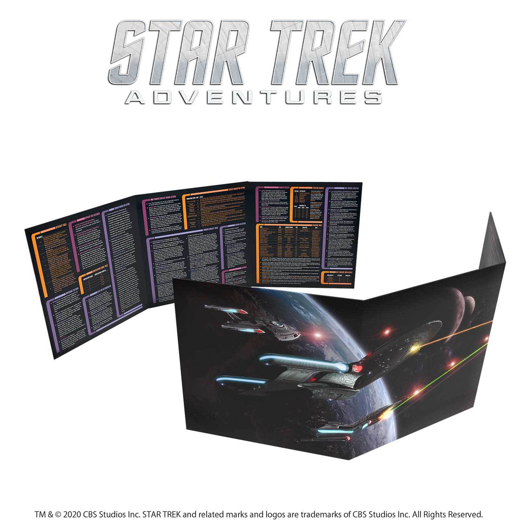 Star Trek Adventures game screen, folded open. One side shows multiple starships in space; the other, game rules
