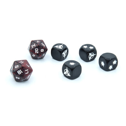 Six gaming dice: Two red 20-sided dice and four black 6-sided dice with Starfleet and star symbols, on white