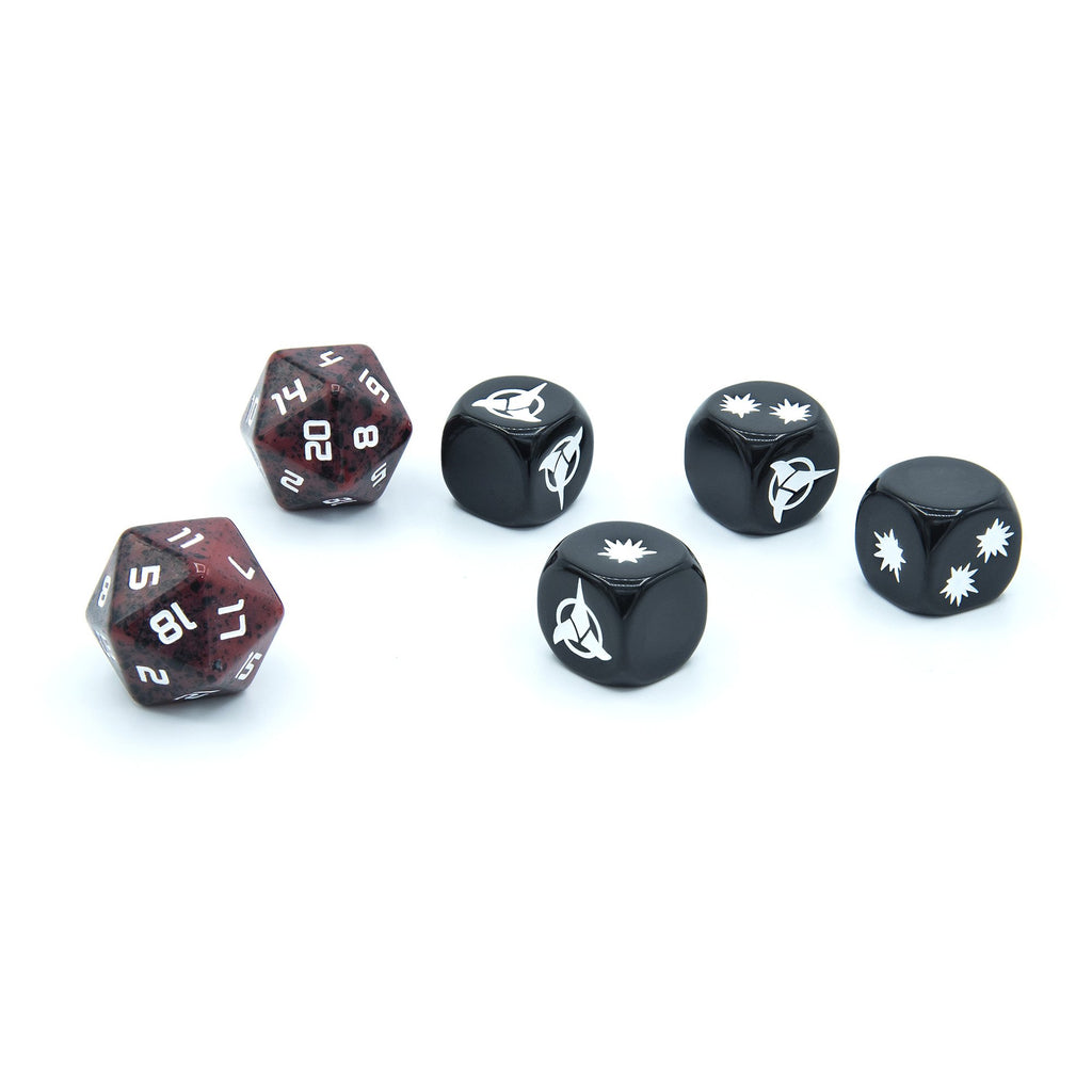 Six gaming dice: Two red 20-sided dice and four black 6-sided dice with Starfleet and star symbols, on white
