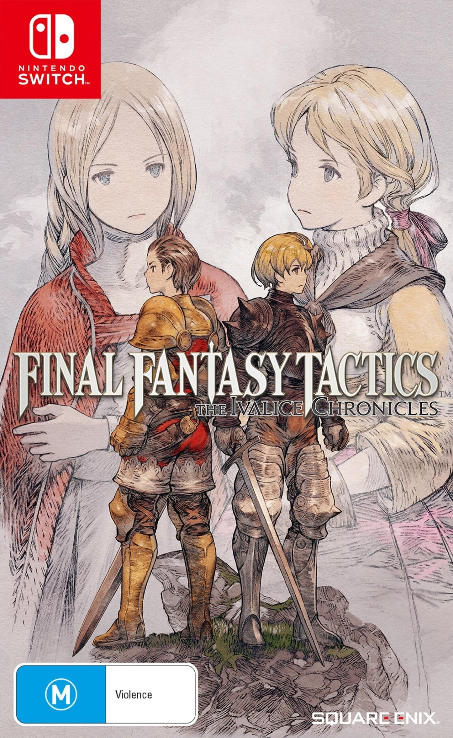 Final Fantasy Tactics cover art for Nintendo Switch, Two armored soldiers stand back-to-back, framed by two large figures