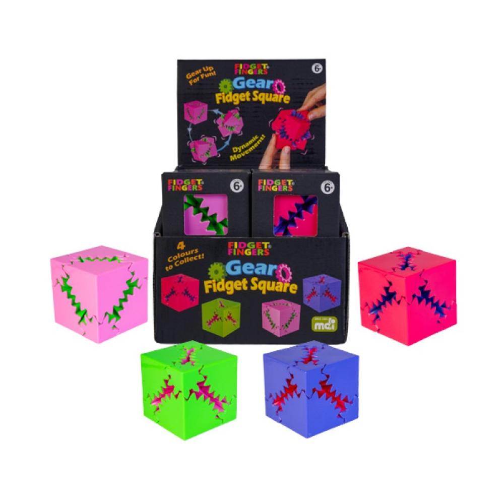 Retail display of interlocking Gear Fidget Squares. Four brightly colored cubes (pink, green, red, blue) are shown