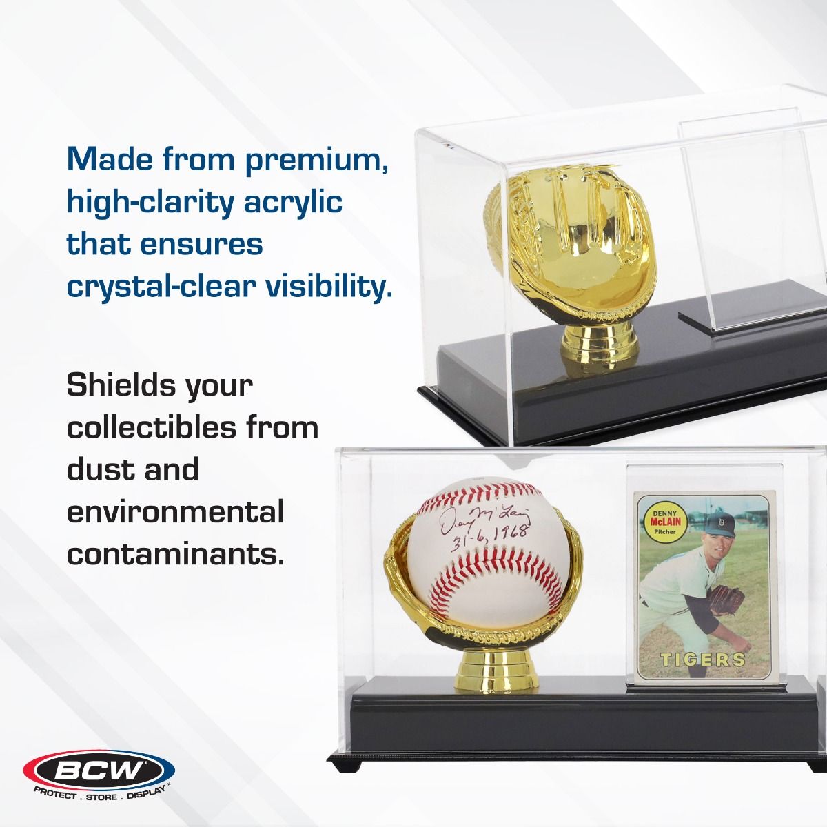 BCW display showing gold glove holding a baseball with card slot beneath