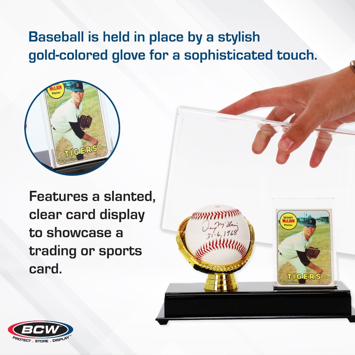 Close-up of baseball and card displayed in the BCW acrylic gold glove holder