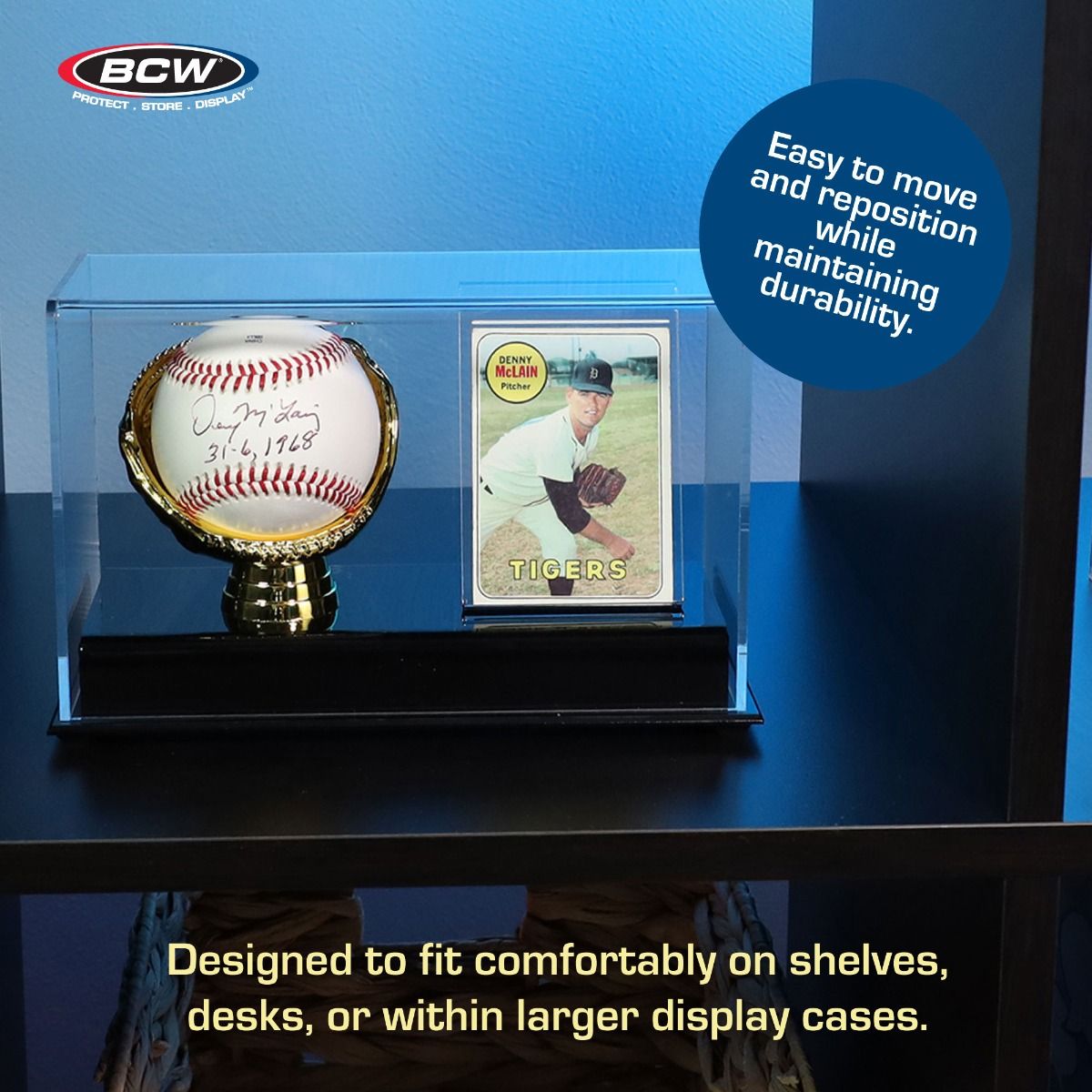 Side angle of the BCW Baseball Acrylic Gold Glove Ball and Card Display showing clear stand