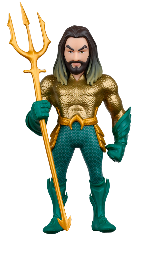An Aquaman figure with long dark hair, a beard, golden scale armor, and a teal suit, holding a golden trident