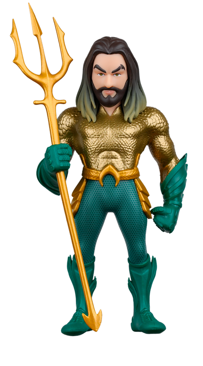 An Aquaman figure with long dark hair, a beard, golden scale armor, and a teal suit, holding a golden trident